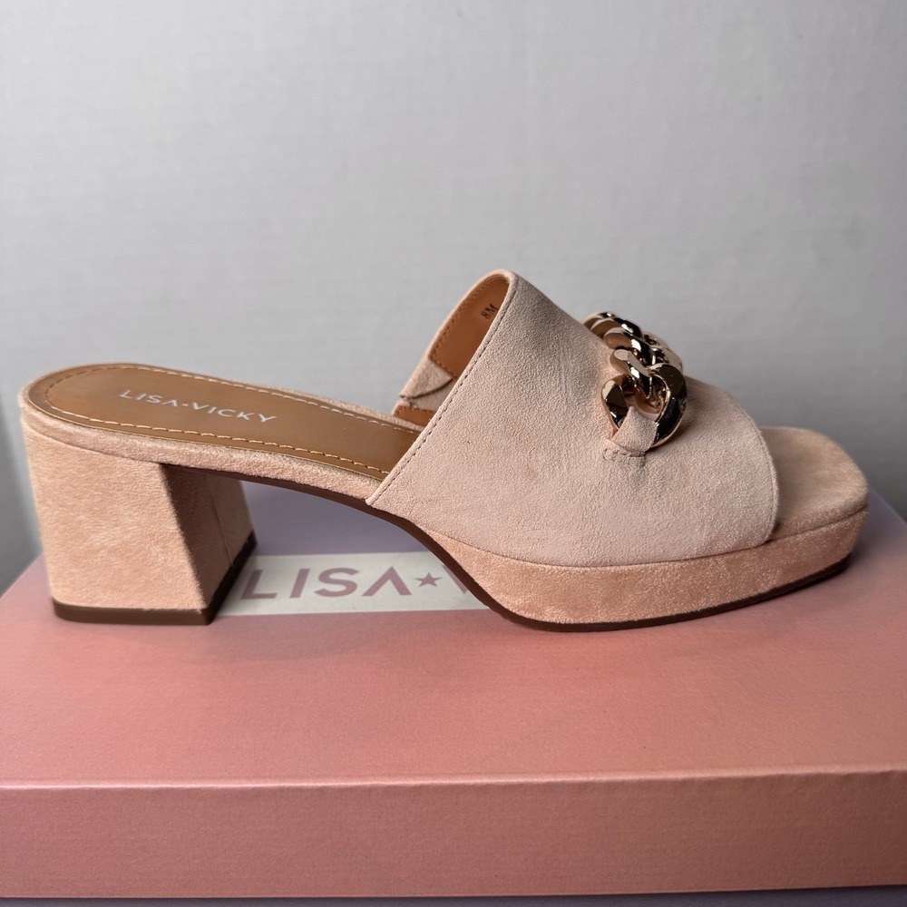 Lisa Vicky Magnetic2V Tinder Pink Suede SlipOn Heel‎ Sandal Gold Chain 7M New - Picture 4 of 8